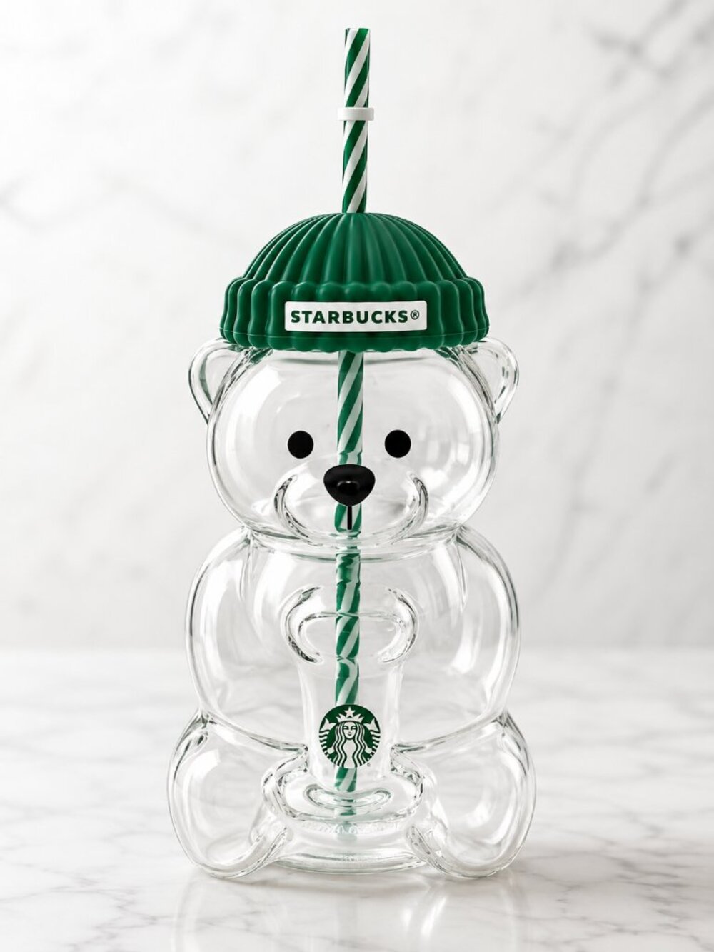 Starbucks Teddy Bear Glass Cup with Green Hat & Straw – Rare Collectible - Picture 2 of 2
